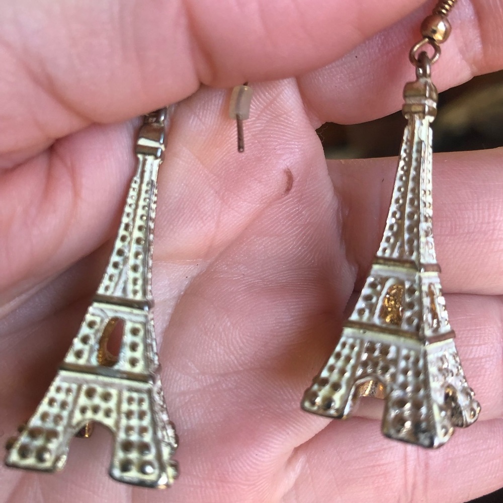 White and gold Eiffel Tower earrings